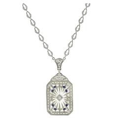 Art Deco Carved Rock Crystal Enamel Diamond Gold Filigree Necklace