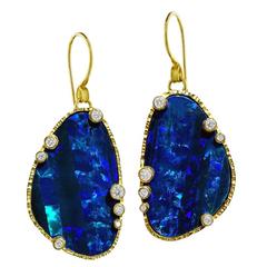 Barbara Heinrich Breathtaking Matched Black Opal Doublet Diamond Drop Earrings