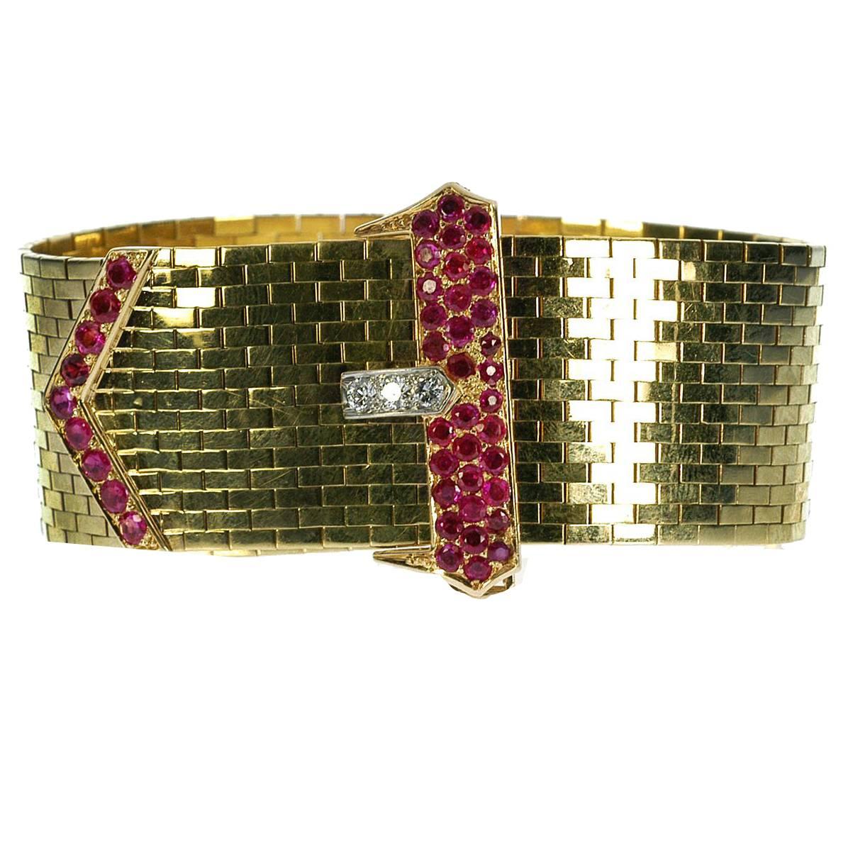 Tiffany & Co. Retro Ruby Diamond Gold Buckle Bracelet  For Sale