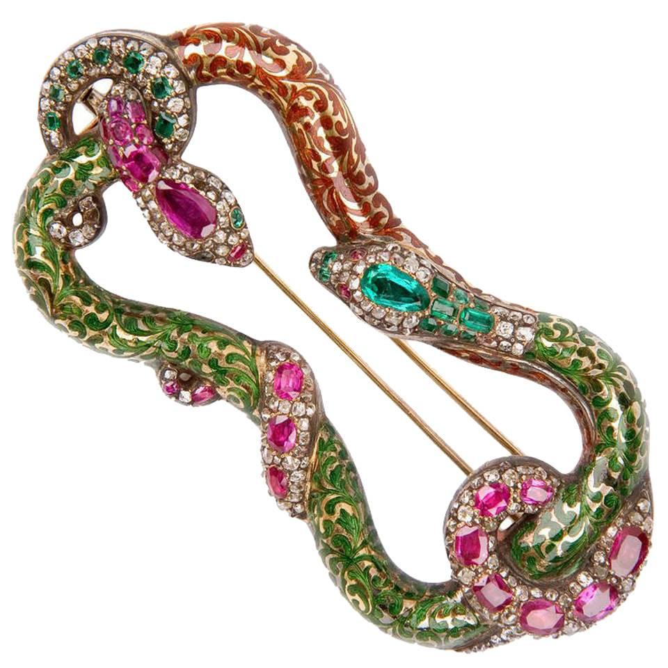 Emerald Ruby Diamond Snake Brooch circa 1820