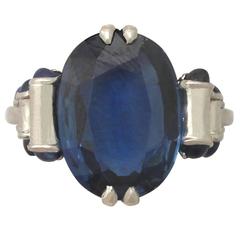 Antique French 1930s 5.22 Carat Sapphire and Platinum Dress Ring, Art Deco