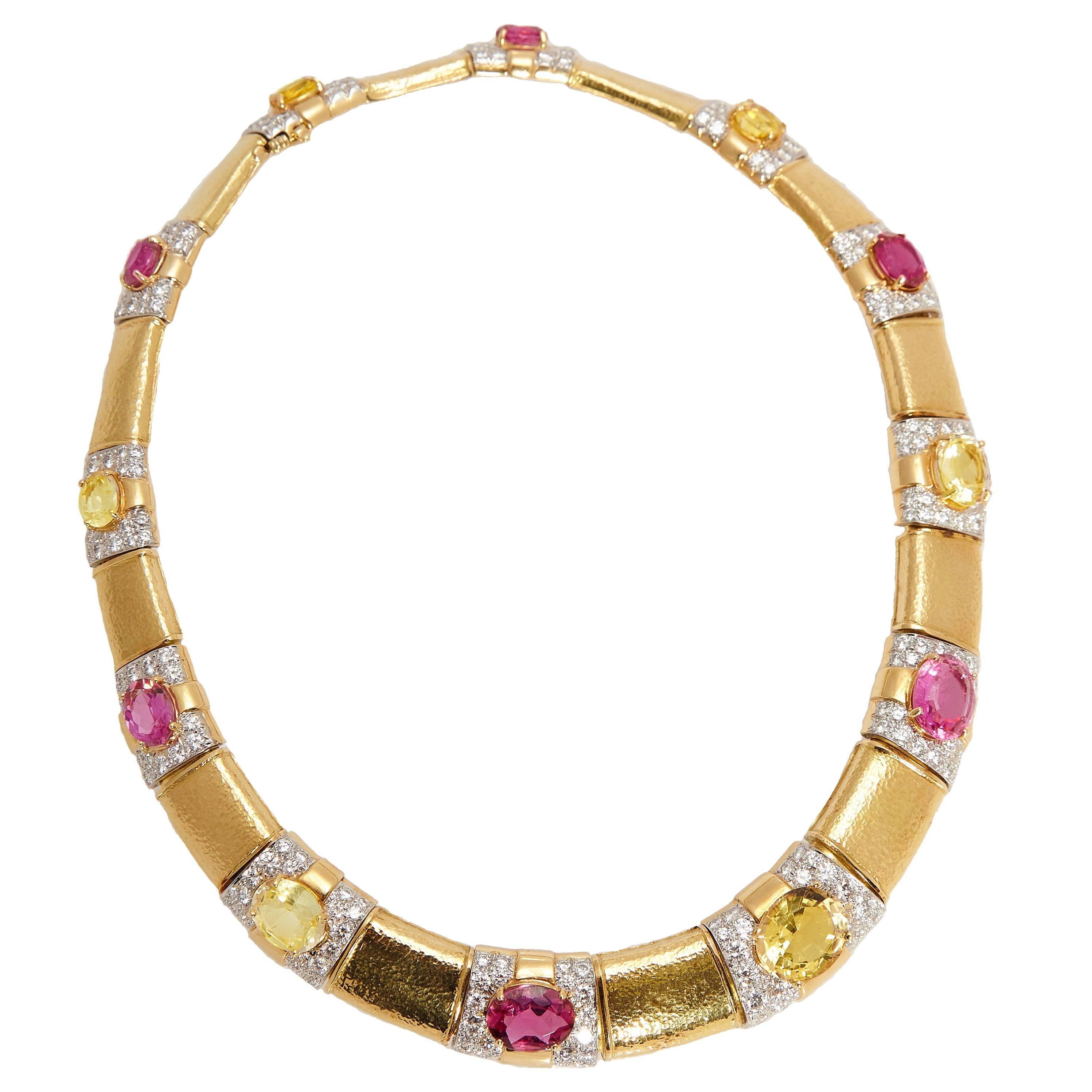 David Webb Multicolor Sapphire Diamond Gold Necklace 