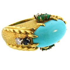1970s Cartier Turquoise Diamond Sapphire Emerald Yellow Gold Cocktail Ring 7