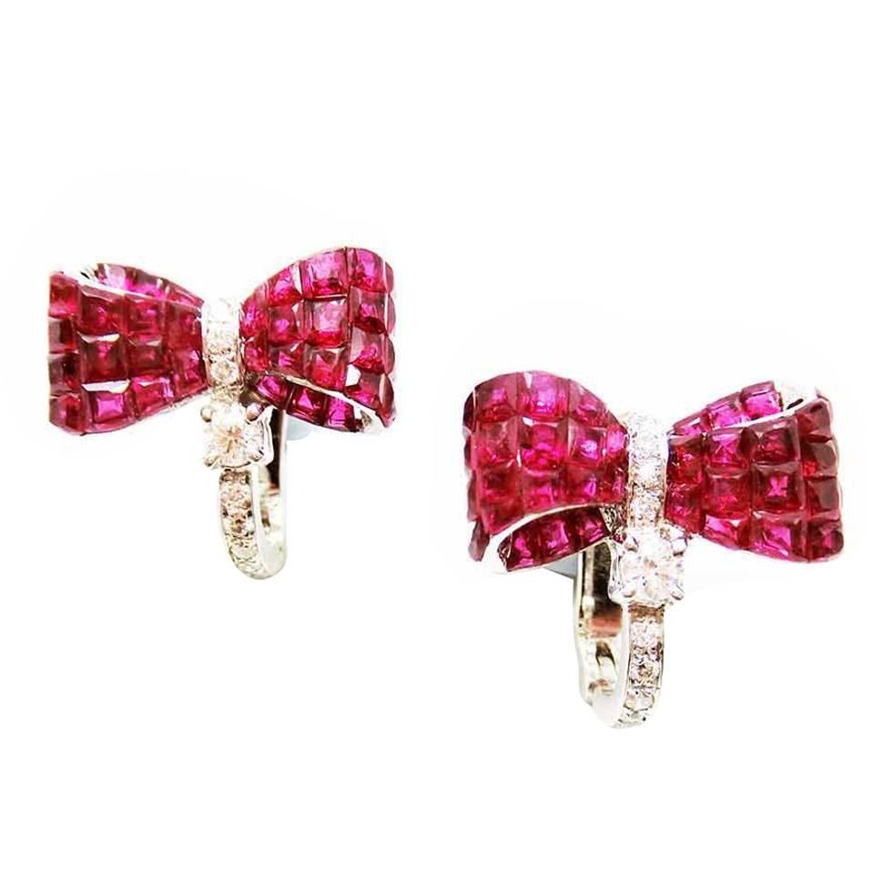 Invisible Ruby Ribbon Diamond Gold Earrings