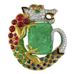 David Webb Carved Emerald Gem-Set Diamond Dragon Pendant Brooch 11