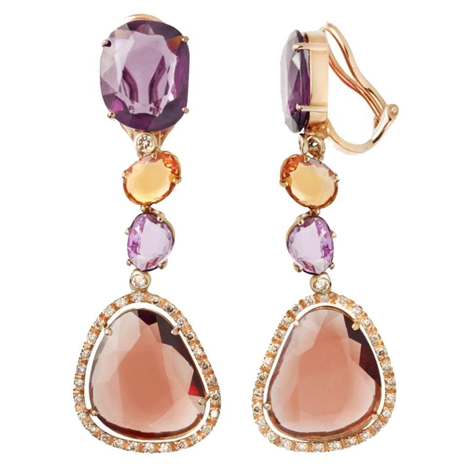 Renesim Pink Sapphire Rhodolite Brown Diamond Gold Drop Earrings For Sale