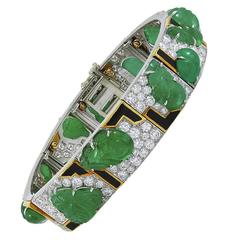 David Webb Carved Emerald Diamond Black Enamel Bracelet 4