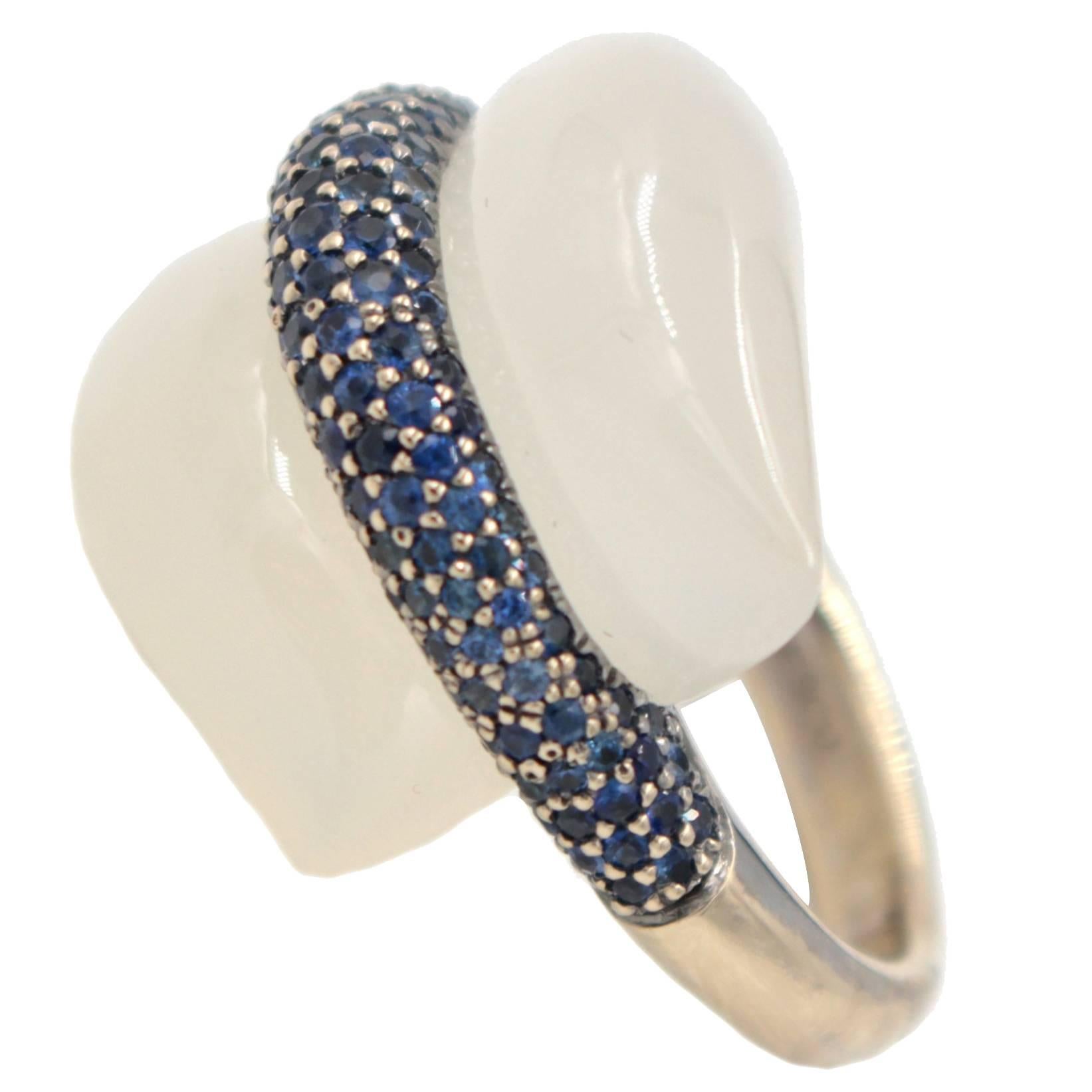 Moonstone Sapphire Rhodium Gold Ring For Sale