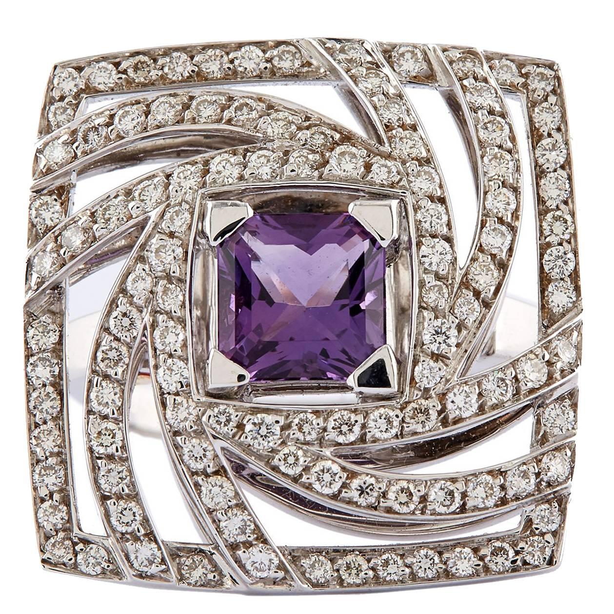 Luca Carati Amethyst Diamond Gold Square Swirl Ring For Sale