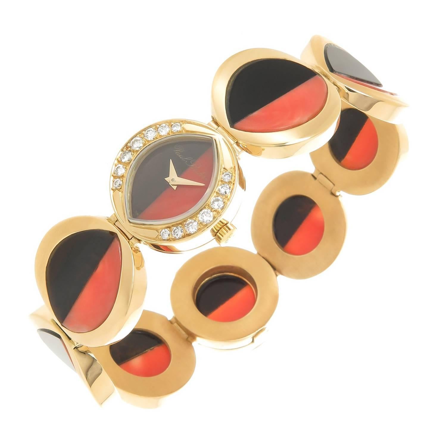Coral and Onyx Ladies Yellow Gold Bracelet Watch
