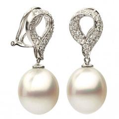 White South Sea Pearl Diamond Gold Dangle Earrings 10