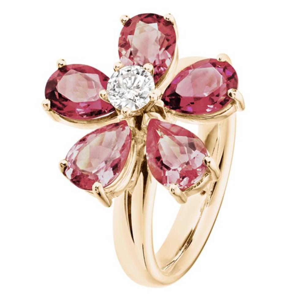 Renesim Floral Tourmaline and Diamond Gold Ring For Sale