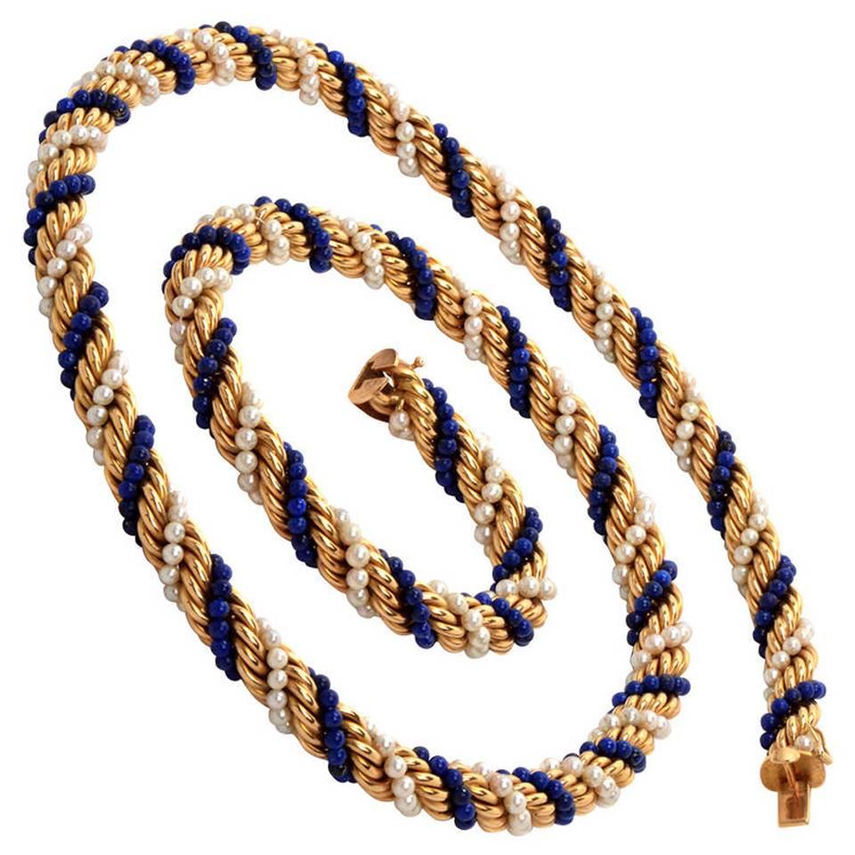Twisted Pearl Lapis Lazuli Bead Gold Rope Necklace