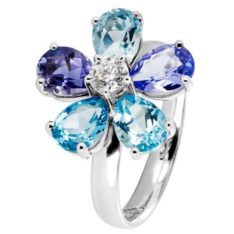 Renesim Floral Diamond Blue Gemstone Gold Ring For Sale