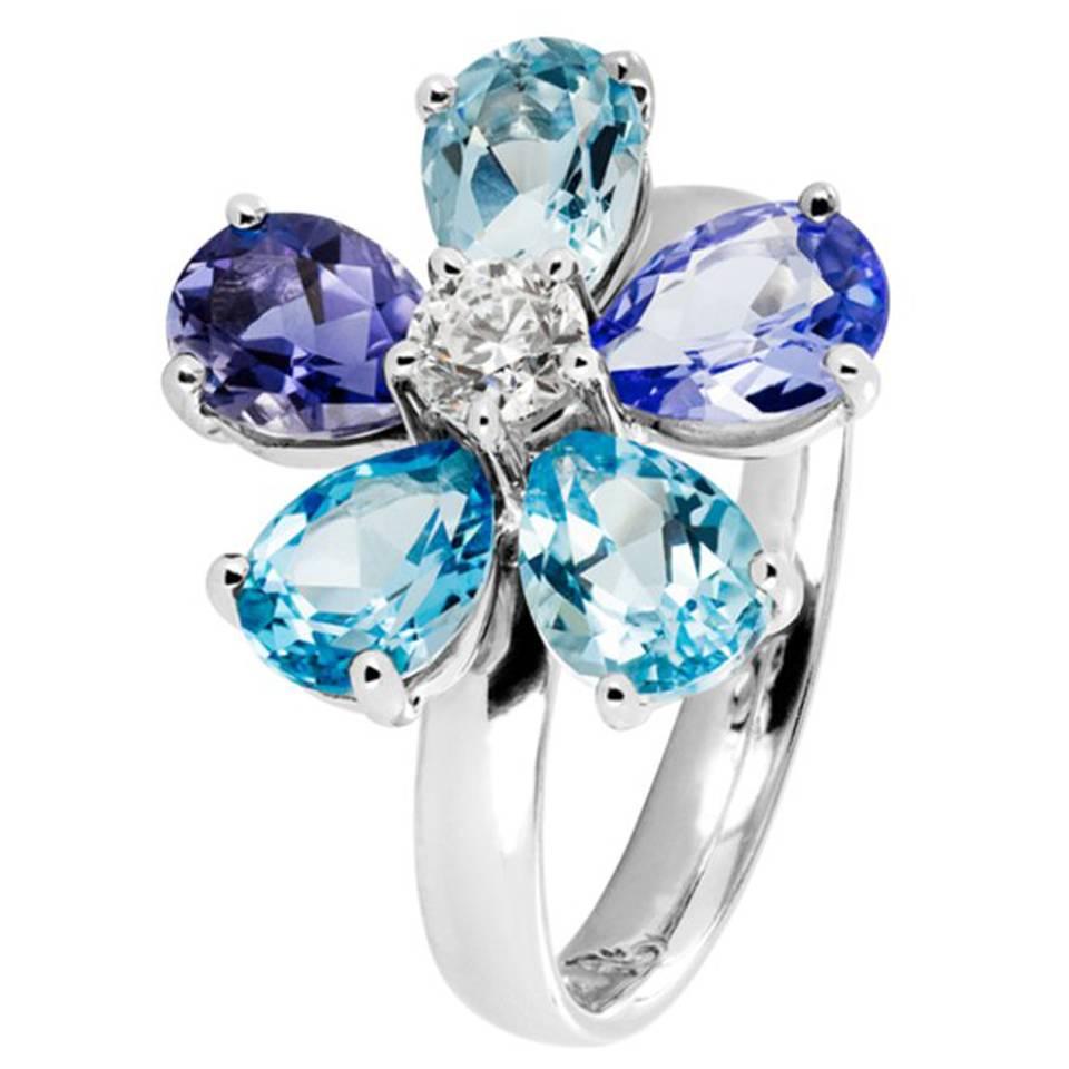 Renesim Floral Diamond Blue Gemstone Gold Ring For Sale