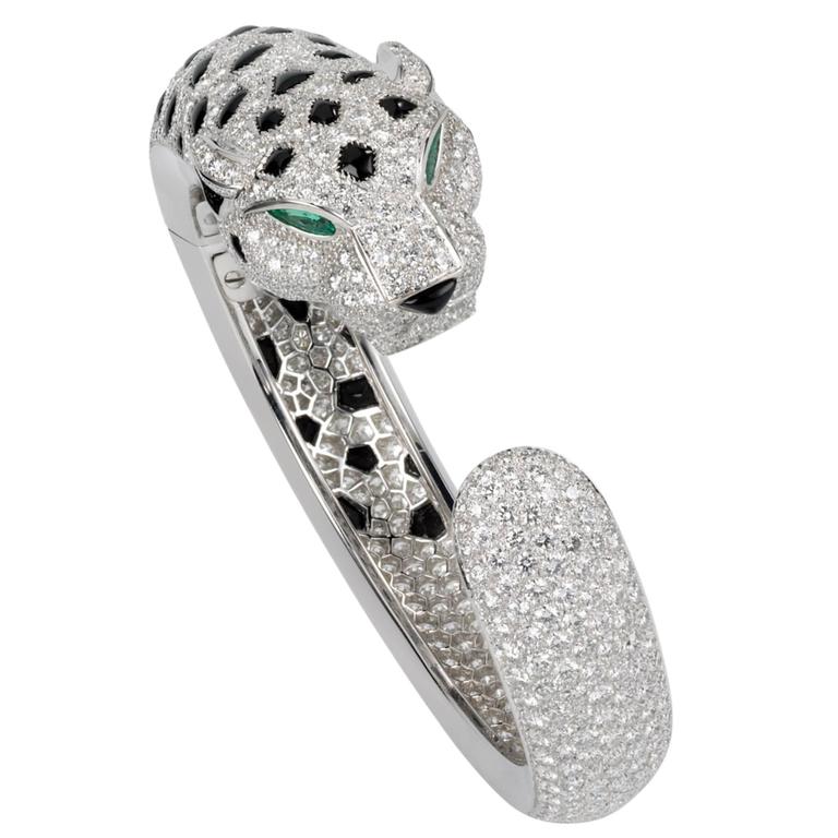 Cartier Paris Onyx Emerald Diamond Platinum Panther Bangle Bracelet at  1stDibs | diamond panther bracelet, panther diamond bracelet, diamond  panther bracelet price