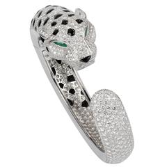 Retro Cartier Paris Onyx Emerald Diamond Platinum Panther Bangle Bracelet