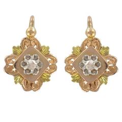 Antique French 19th century Diamond Rose and Green Gold Earrings 