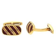 Striped Dark Red Enamel Gold Cufflinks 12
