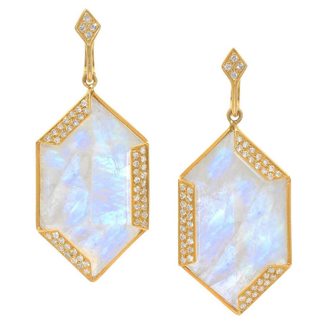 Lauren Harper Golden Hexagon Moonstone Diamond Gold Dangle Earrings