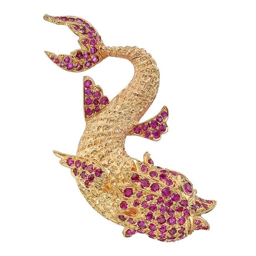  Ruby Textured Gold Fish Pendant