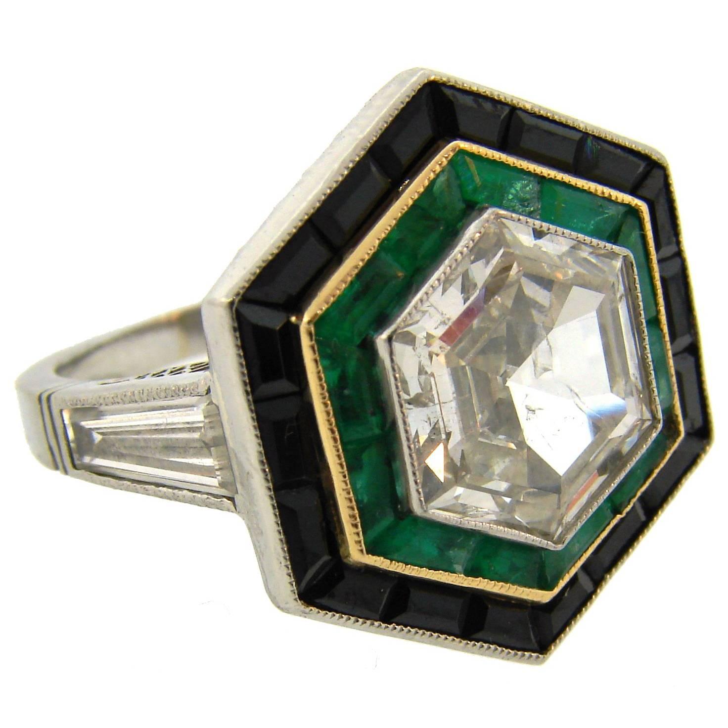 Art Deco Revival Hexagon Shaped Diamond Emerald Black Onyx Platinum Ring