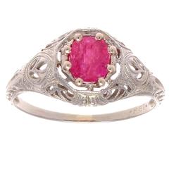 Art Deco Pink Sapphire Diamond Gold Engagement Ring 