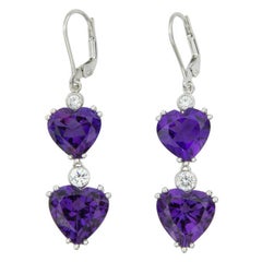 Amethyst Diamond Hearts Gold Drop Earrings Fine Estate Jewelry