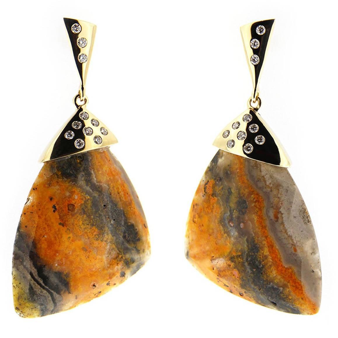 Alex Jona Bumblebee Jasper White Diamond 18 Karat Yellow Gold Dangling Earrings For Sale