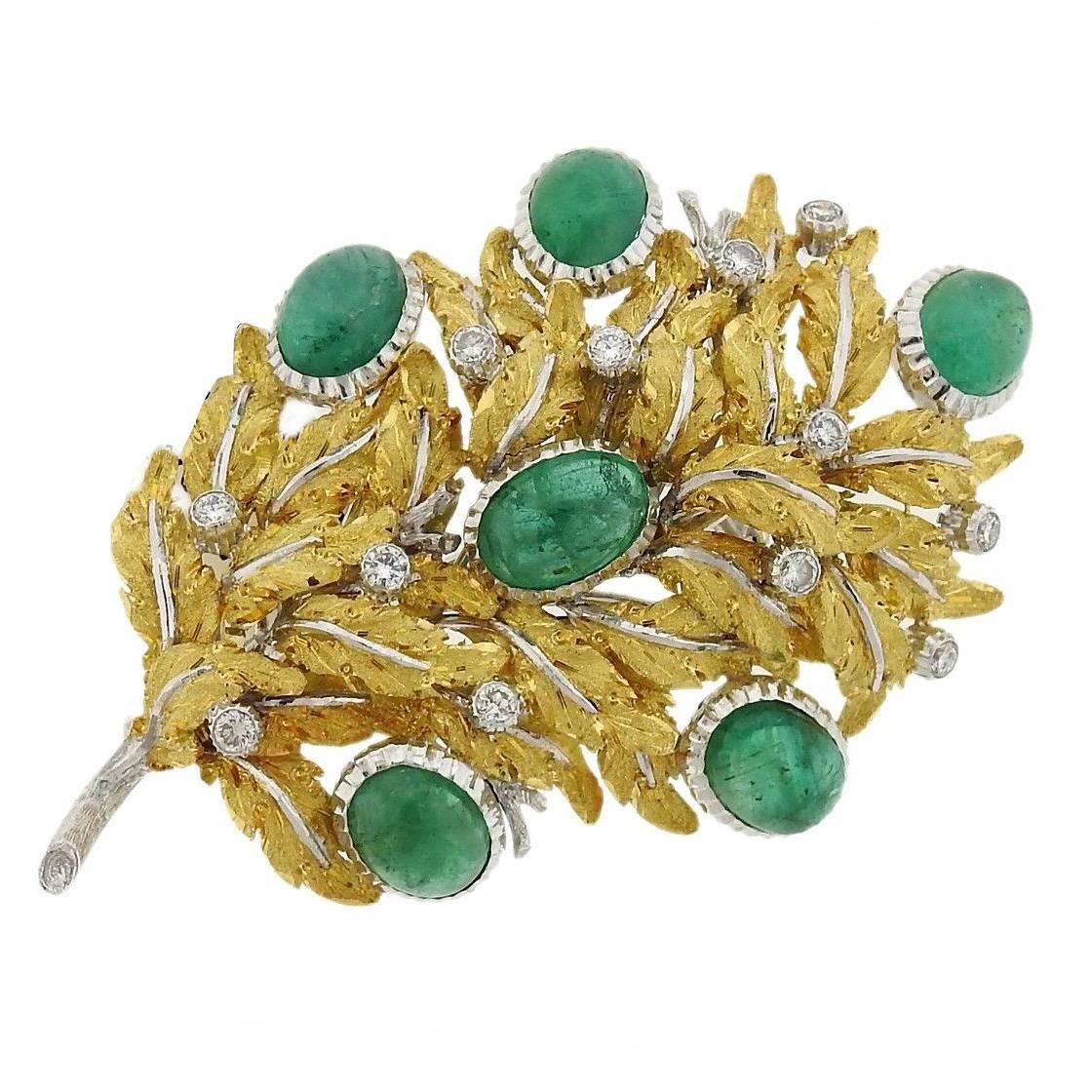 Buccellati Gold Emerald Diamond Leaf Motif Brooch Pin