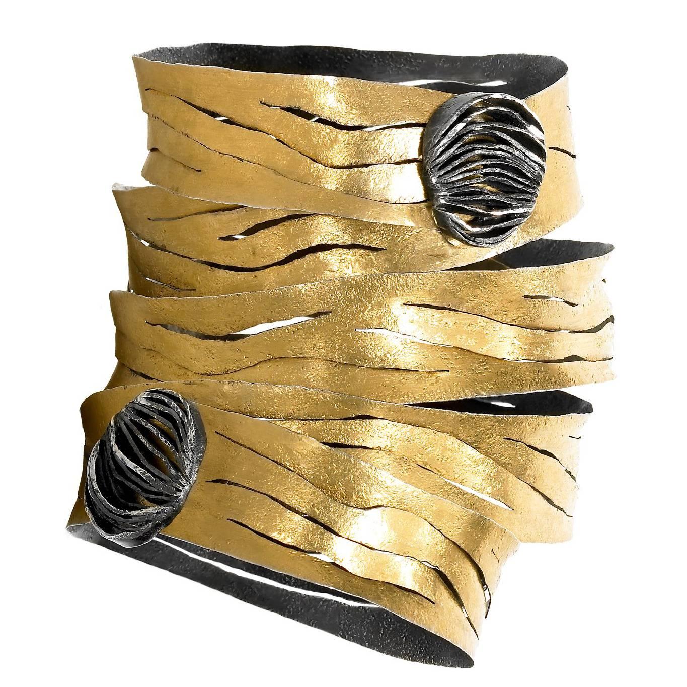 One of a Kind Gold Oxidized Silver Spiral Wrap Bracelet, Reiko Ishiyama For Sale