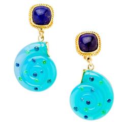 Diane Griswold Johnston chalcedony snail drop cushion lapis lazuli gold earrings 2