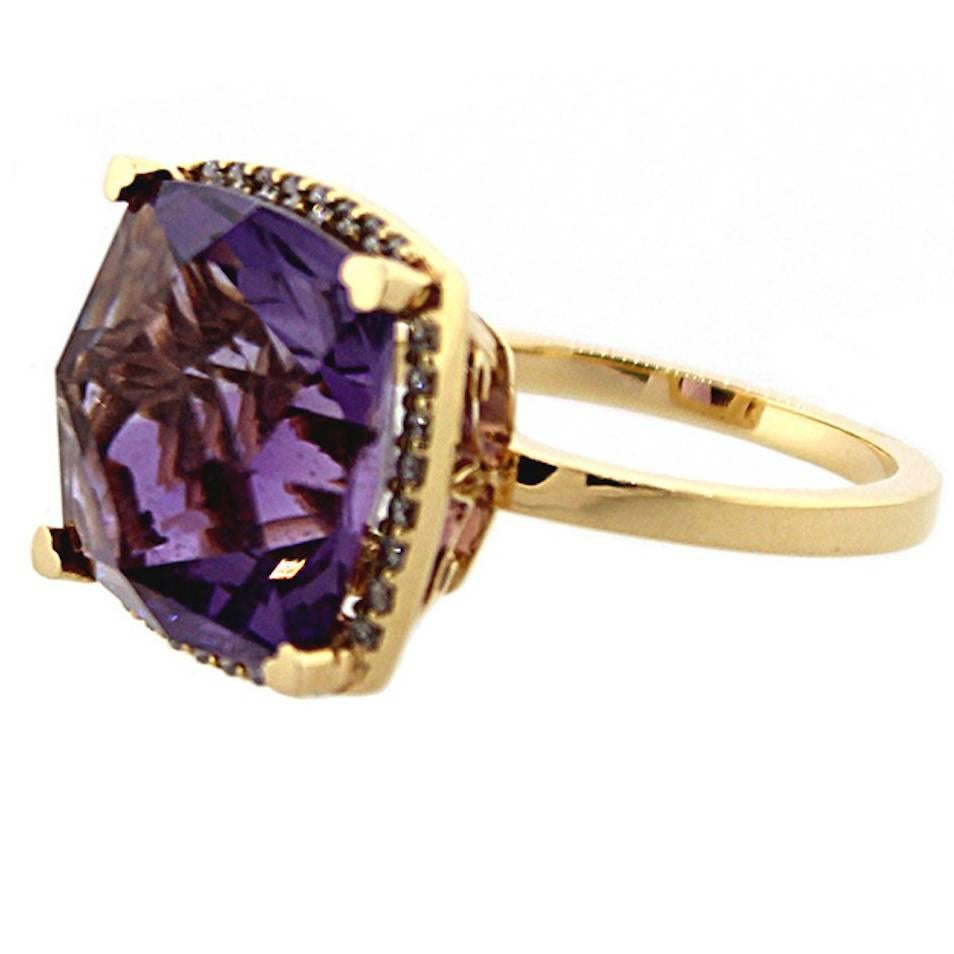 Lisa Nik Square Amethyst Diamonds Gold Ring For Sale