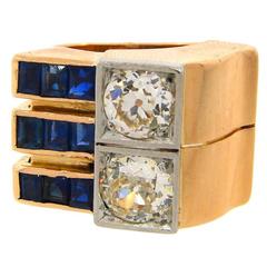 1940s Diamond Sapphire Rose Gold Retro Ring 7