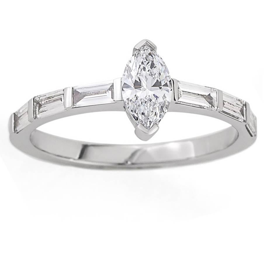White Gold Marquise White Diamond Half Channel Set Baguette Band Engagement Ring For Sale