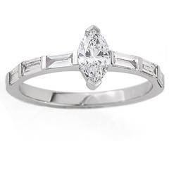 White Gold Marquise White Diamond Half Channel Set Baguette Band Engagement Ring