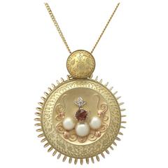 Vintage 1940s 0.61Ct Tourmaline, 0.15Ct Diamond, Pearl and 15k Gold Pendant