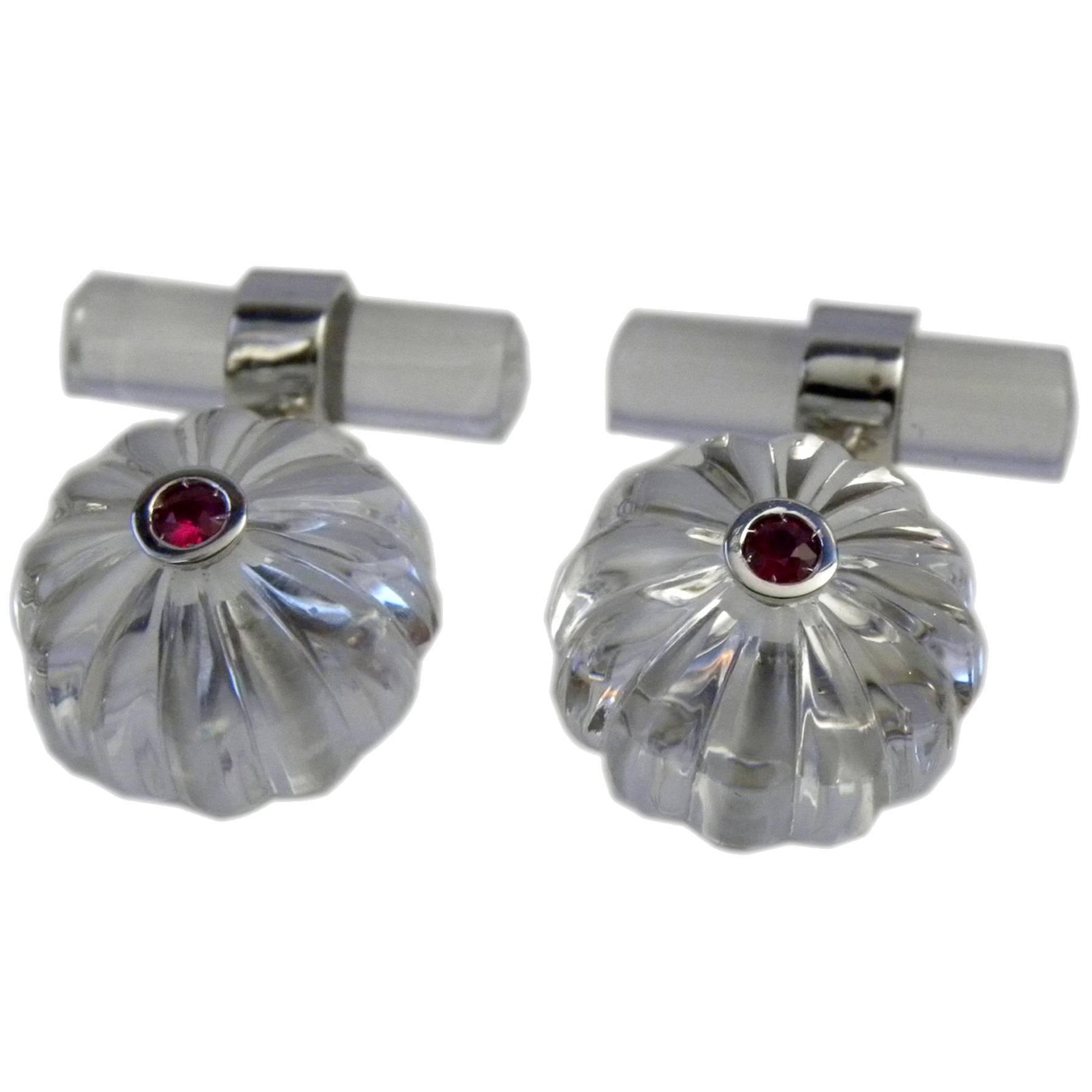 Hand Inlaid Natural Rock Crystal Cabochon Natural Ruby Gold Cufflinks