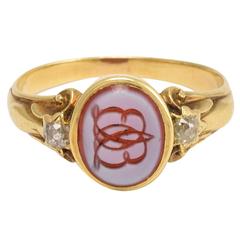 Victorian Sardonyx Diamond "EL" Monogram Gold Signet Ring