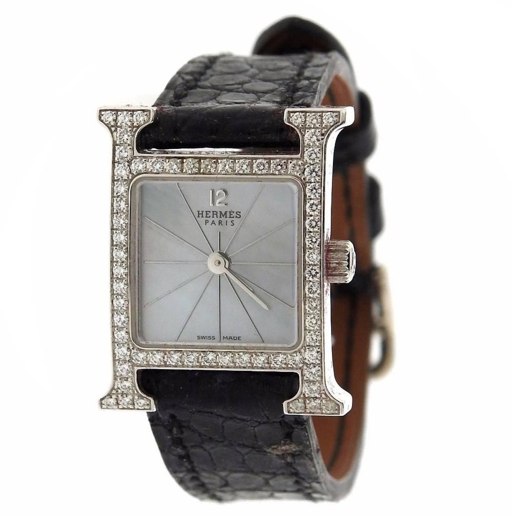 Hermes Ladies Gold H Hour Diamond Wristwatch 