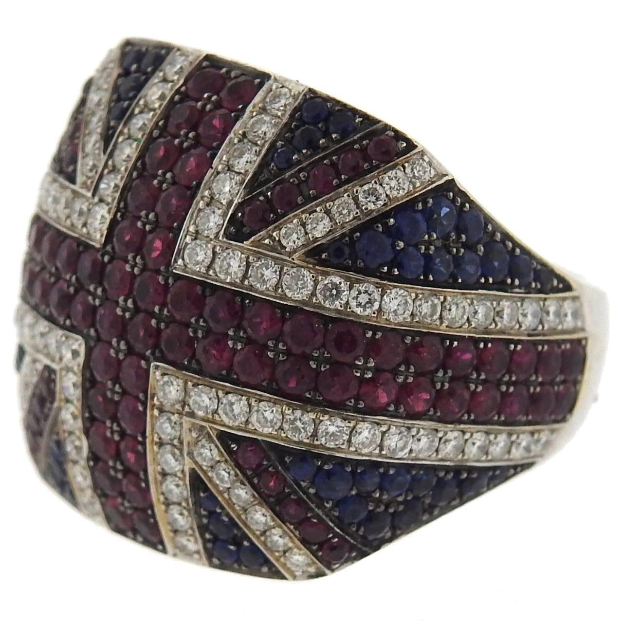 Asprey Union Jack Gold Diamond Ruby Sapphire Ring