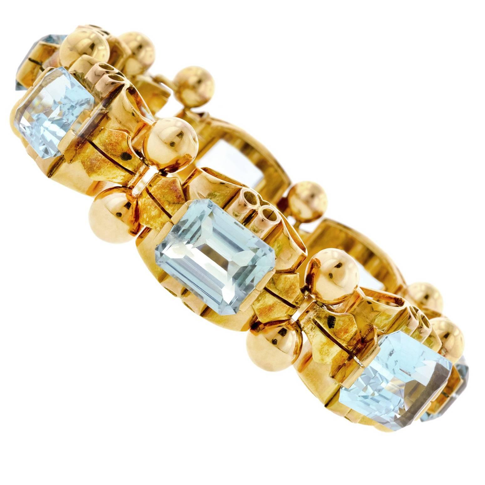 Retro Aquamarine Gold Bracelet For Sale