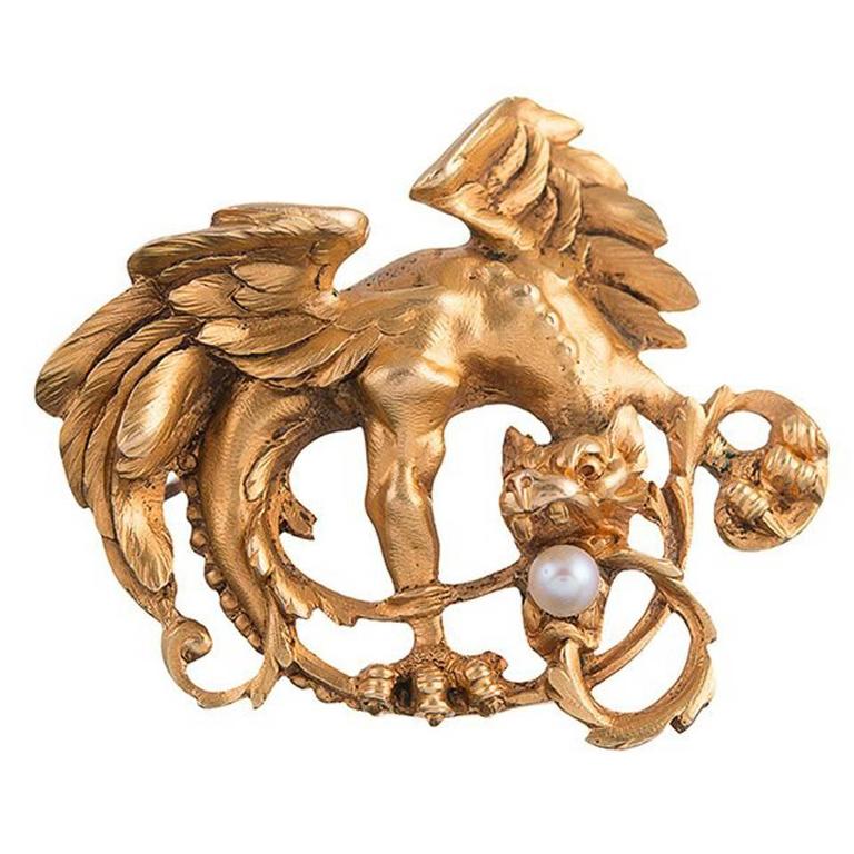 Art Nouveau Pearl Gold Griffin Brooch Or Pendant