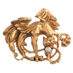 Antique Art Nouveau Pearl Gold Griffin Brooch or Pendant