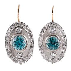 Art Deco Blue Zircon Diamond Platinum Earrings
