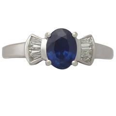 Vintage 1990s 1.06 Ct Sapphire and 0.16 Ct Diamond, 18 k White Gold Dress Ring 10