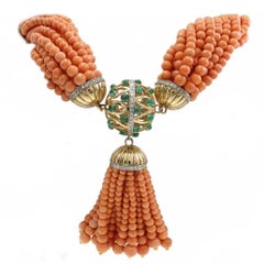 Diamonds, Emeralds, Orange Beaded Rows Coral, Gold Multi-Strand/Beaded Necklace