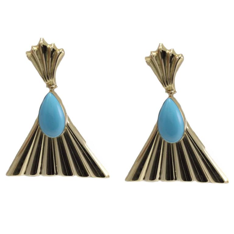 Turquoise Gold Dangle Fan Earrings For Sale at 1stdibs