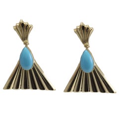 Turquoise Gold Dangle Fan Earrings