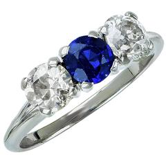 1 Carat Diamond Sapphire Gold Three Stone Ring 3